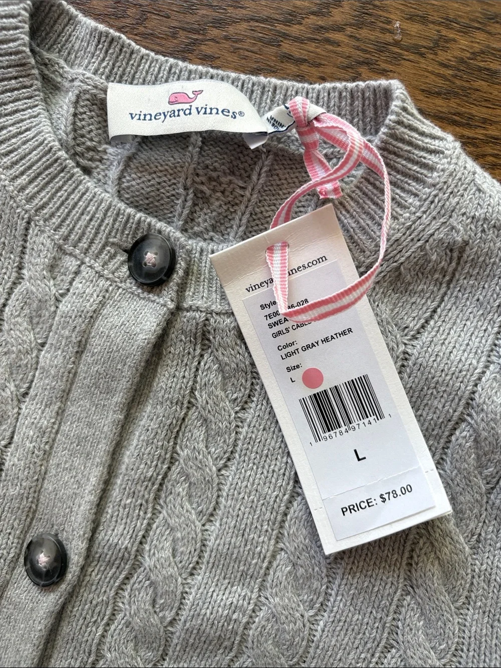 Vineyard Vines Girls L Light Gray Cotton Cashmere Cable-Knit Crewneck Cardigan